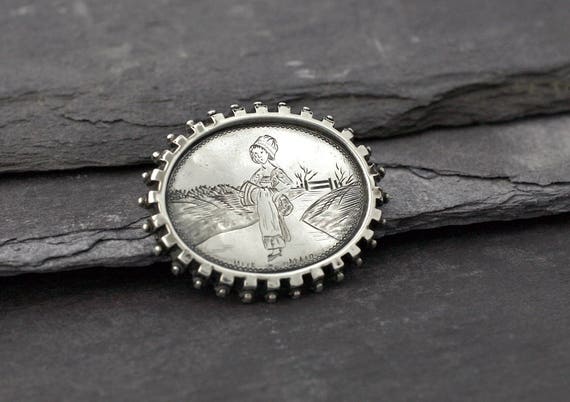 Victorian Silver Milkmaid Picture Brooch, English… - image 2