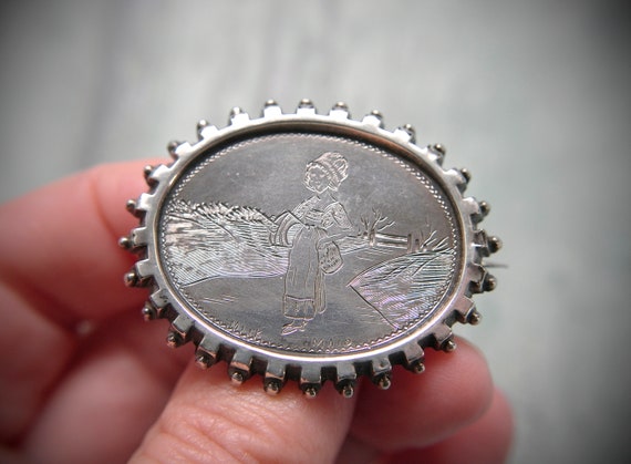 Victorian Silver Milkmaid Picture Brooch, English… - image 6