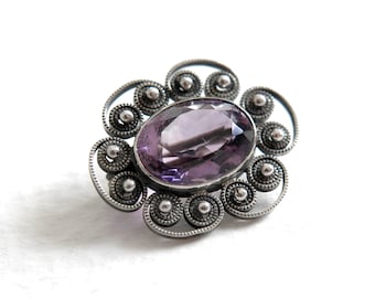 Vintage Sterling Silver Milgrain Brooch with Amethyst Paste Stone