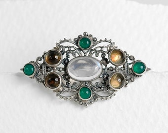 Antique Silver Moonstone, Crysophrase and Citrine brooch, 1910