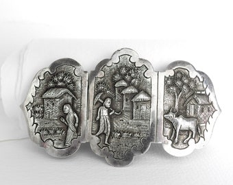 Antique Burmese Silver Belt Buckle, Village Figures and Landscape, 1800s