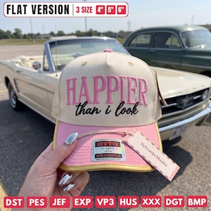 May include: A cream and pink trucker hat featuring the embroidered text HAPPIER than i look in pink and black. The hat includes an Otto brand sticker, a Sylvania Masks tag, and a top label indicating 3 sizes of 4, 5, and 6 inches.