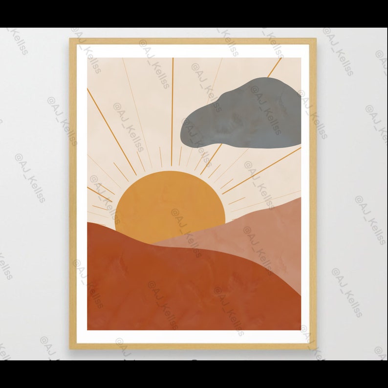 K&ouml;nnte beinhalten: Abstrakter Kunstdruck mit einer stilisierten Sonne mit Strahlen, einer Wolke und sanften H&uuml;geln in Orange-, Braun- und Beiget&ouml;nen.