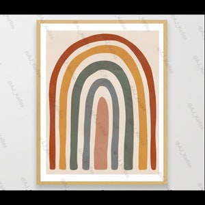 K&ouml;nnte beinhalten: Ein gerahmter Druck eines Regenbogens mit f&uuml;nf B&ouml;gen in den Farben Orange, Gelb, Gr&uuml;n, Blau und Braun. Der Regenbogen befindet sich auf einem beigefarbenen Hintergrund.