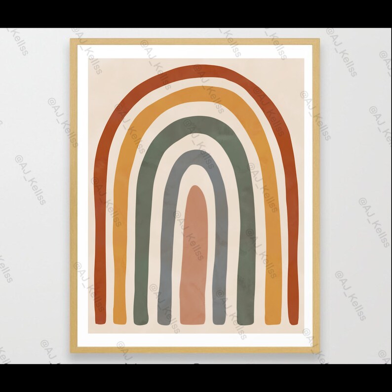 K&ouml;nnte beinhalten: Ein gerahmter Druck eines Regenbogens mit f&uuml;nf B&ouml;gen in den Farben Orange, Gelb, Gr&uuml;n, Blau und Braun. Der Regenbogen befindet sich auf einem beigefarbenen Hintergrund.
