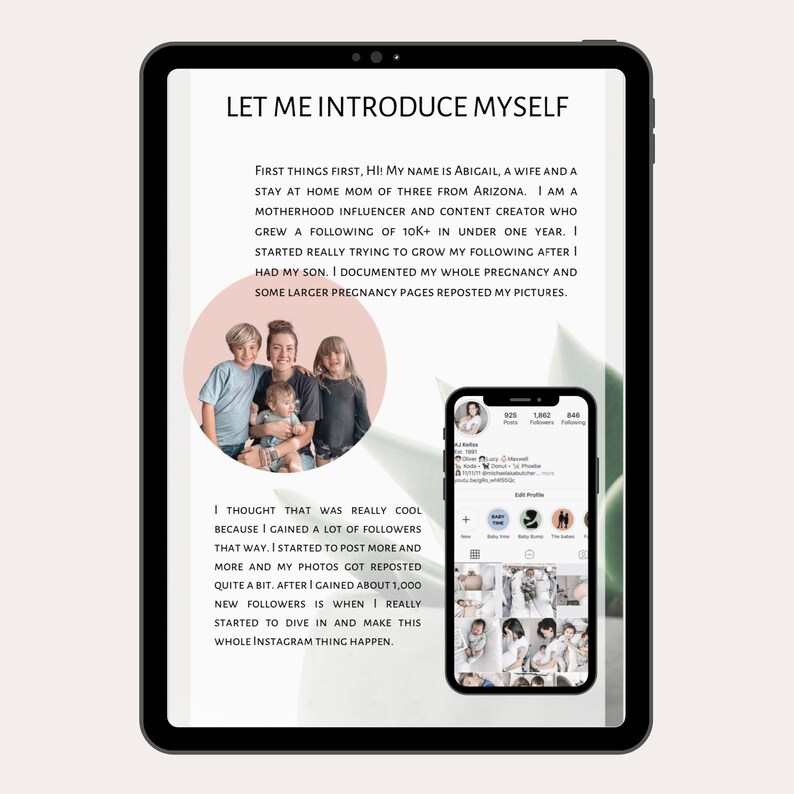 May include: A woman with three children poses for a photo. The woman is wearing a pink shirt and the children are wearing blue shirts. The photo is on a tablet screen with text that reads "Let me introduce myself." The text describes the woman's journey as a stay-at-home mom and motherhood influencer. The text also mentions that she gained a following of 10,000+ in under a year.