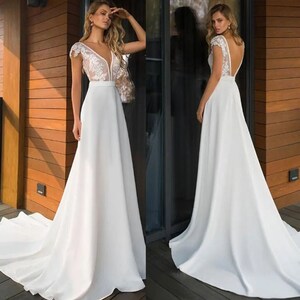 Plus Size Boho Deep V-Neck Lace Wedding Dress Backless Chiffon Bridal Gown Elegant Scalloped Neckline Bridal Gown Wedding Gown image 1