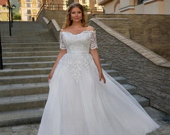 Boho Wedding Dress | Off-Shoulder Lace Applique | Short Sleeves | Boat Neck | Plus Size | Bride Gowns | Bridal Gown | Wedding Gown