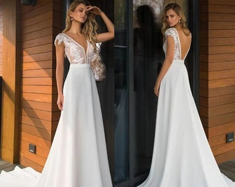 Vestido de novia de encaje con cuello en V profundo boho de talla grande / vestido de novia de gasa sin espalda / escote festoneado elegante / vestido de novia / vestido de novia