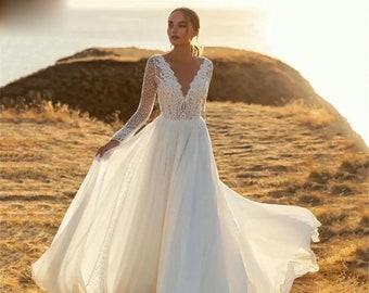 Stunning Boho Ivory Plus Size A-Line Wedding Dress | Chiffon V-Neck Lace Bridal Gown | Simple Bridal Dress | Long Sleeved | Backless Gown