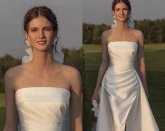 Custom White Mermaid Wedding Dress | Strapless | Side Slit | Boho Beach Gown | Soft Satin | Floor-Length | Wedding Gown | Bridal Gown