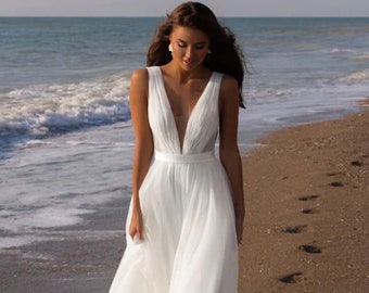 Bohemian White V-Neck Beach Wedding Dress | Simple Beach Dress | Boho Bridal Gown | Evening Dress | Bride Gown | Bridal Dress | Custom Size