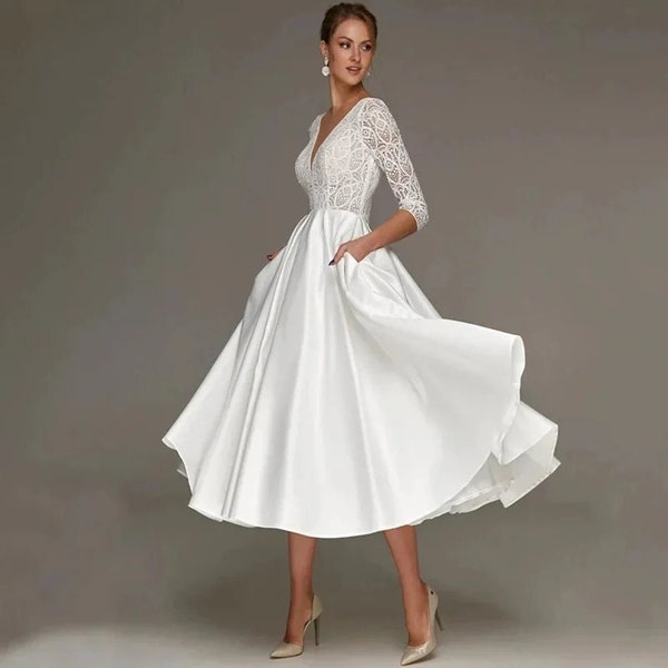 Modern Chic Ivory Tea-Length Wedding Dress | V-Neck Lace | Satin Three Quarter Sleeve | Bride Gown with Pocket | Short Wedding Dress