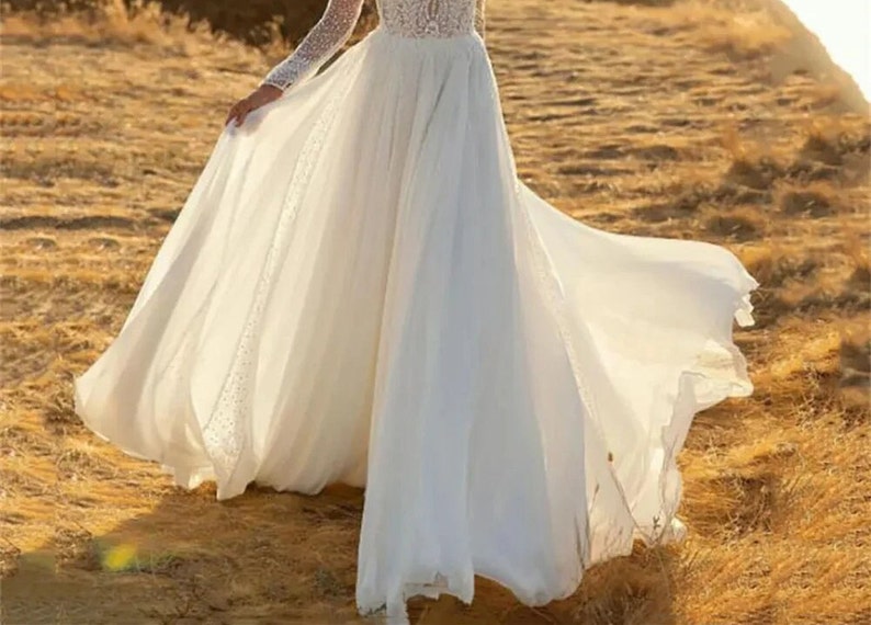 Stunning Boho Ivory Plus Size A-Line Wedding Dress Chiffon V-Neck Lace Bridal Gown Simple Bridal Dress Long Sleeved Backless Gown zdjęcie 7