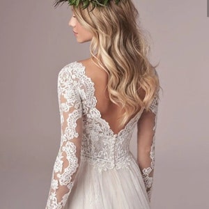 Bohemian Wedding Dress Custom Long Sleeves Lace Appliques Bridal Gown Corset Low Back Floor-Length Tulle Chiffon Elegant V-Neck image 5