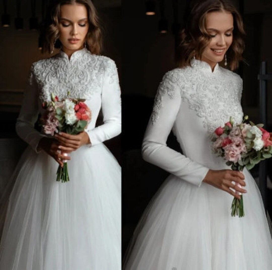 Ivory Organza A-Line Wedding Dress – Perfect Modest Bridal Hijab Look Muslim
