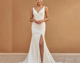 Robe de mariée trapèze en satin sans manches à col en V | Bretelles spaghetti | dos nu élégant | Robe de mariée | Couleur unie | Robe de mariée | Longueur au sol