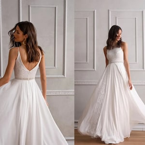 Simple Lace Ivory Chiffon Boho Wedding Dress Sleeveless O-Neck Floor-Length Bridal Gown Backless Detail Chic Boho Bride Gown image 1