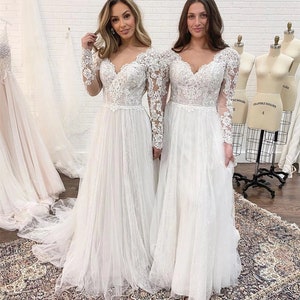 Bohemian Wedding Dress Custom Long Sleeves Lace Appliques Bridal Gown Corset Low Back Floor-Length Tulle Chiffon Elegant V-Neck image 7