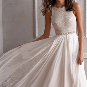 Simple Lace Ivory Chiffon Boho Wedding Dress Sleeveless O-Neck Floor-Length Bridal Gown Backless Detail Chic Boho Bride Gown image 7