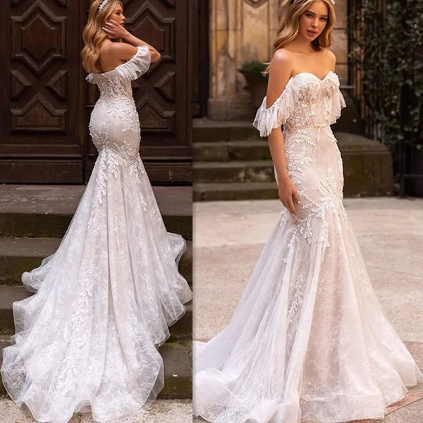 Enchanting Ivory Mermaid Wedding Dress | Off-The-Shoulder | Tulle | Sweetheart Neckline | Boho Sweep Train | Bride Gown | Wedding Gown
