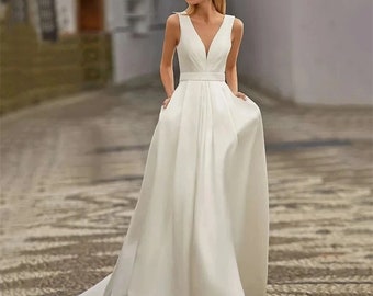 Abito da sposa impero in raso con scollo a V / con tasche / Elegante abito da sposa a-line / Abito da sposa / Bottone sul retro / Lunghezza fino al pavimento / Abito da sposa