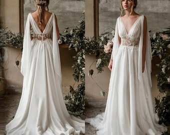 Boho A-Line Beach Wedding Dress | Backless Chiffon Applique Bridal Gown | Beach Wedding Dress | Bohemian Wedding Gown | Bridal Dress