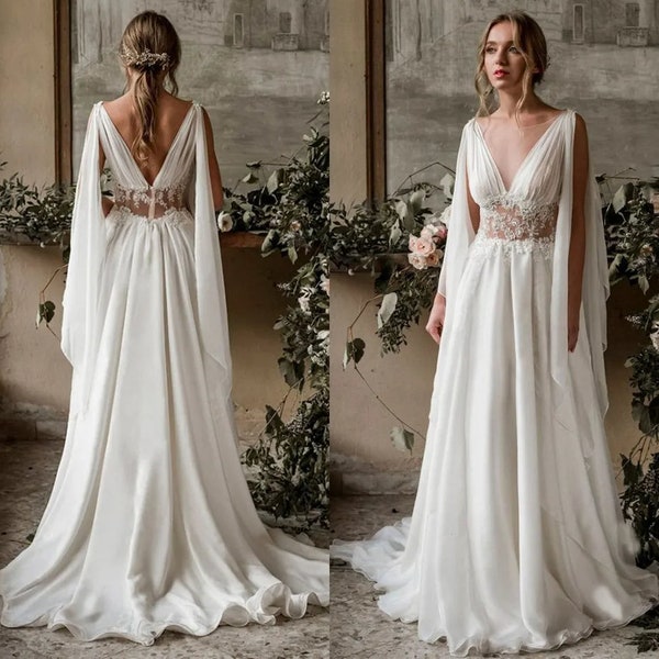Boho A-Line Beach Wedding Dress | Backless Chiffon Applique Bridal Gown | Beach Wedding Dress | Bohemian Wedding Gown | Bridal Dress