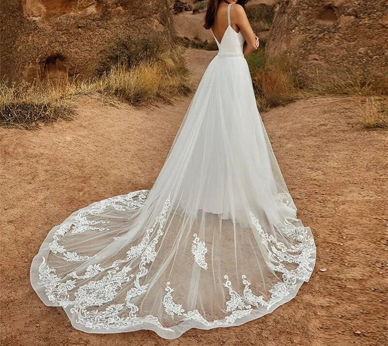 Lace Tulle V-Neck 2-In-1 Wedding Jumpsuit Detachable Skirt Bridal Pants Suit Sweep Train Bridal Dress Bridal Gown Bride Gown image 2