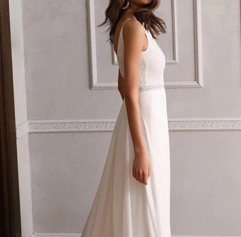 Simple Lace Ivory Chiffon Boho Wedding Dress Sleeveless O-Neck Floor-Length Bridal Gown Backless Detail Chic Boho Bride Gown image 9