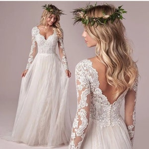 Robe de mariée bohème | Robe de mariée personnalisée à manches longues et appliques en dentelle | Corset Dos bas Longueur ras du sol Tulle Mousseline de soie | Col en V élégant