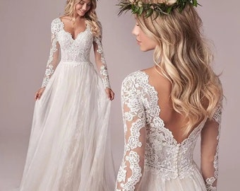 Vestido de novia bohemio / Personalizado Manga larga Apliques de encaje Vestido de novia / Corsé Espalda baja Hasta el suelo Tul Gasa / Elegante Escote en V