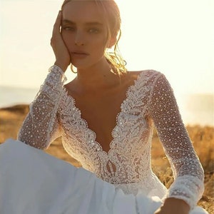 Stunning Boho Ivory Plus Size A-Line Wedding Dress Chiffon V-Neck Lace Bridal Gown Simple Bridal Dress Long Sleeved Backless Gown zdjęcie 4