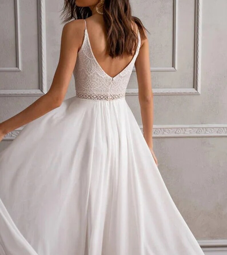 Simple Lace Ivory Chiffon Boho Wedding Dress Sleeveless O-Neck Floor-Length Bridal Gown Backless Detail Chic Boho Bride Gown image 6