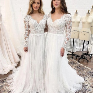 Bohemian Wedding Dress Custom Long Sleeves Lace Appliques Bridal Gown Corset Low Back Floor-Length Tulle Chiffon Elegant V-Neck image 9