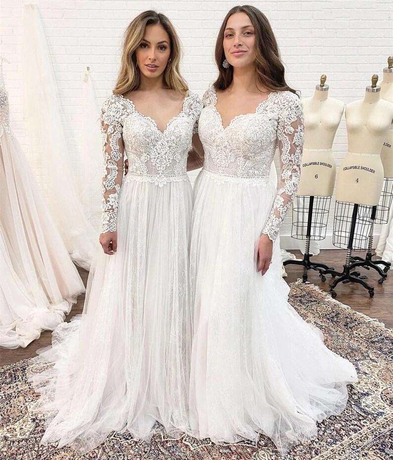 Bohemian Wedding Dress Custom Long Sleeves Lace Appliques Bridal Gown Corset Low Back Floor-Length Tulle Chiffon Elegant V-Neck image 9