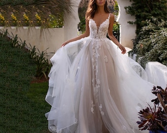 Vestido de novia de línea A hecho a medida Boho / Vestido de tirantes finos sin espalda / Flores 3D / Hasta el suelo / Vestido de novia princesa / Vestido de novia