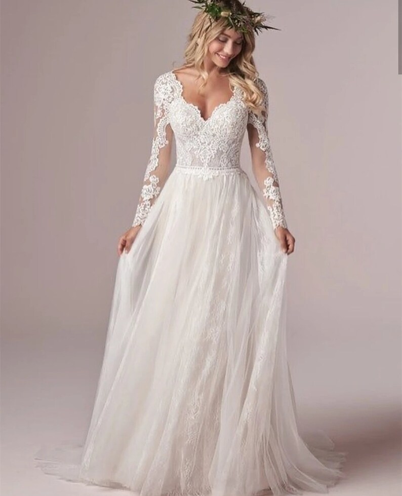 Bohemian Wedding Dress Custom Long Sleeves Lace Appliques Bridal Gown Corset Low Back Floor-Length Tulle Chiffon Elegant V-Neck image 2