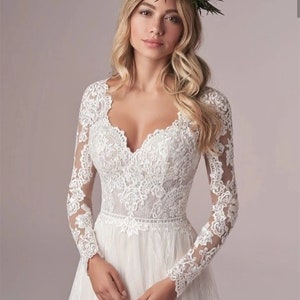Bohemian Wedding Dress Custom Long Sleeves Lace Appliques Bridal Gown Corset Low Back Floor-Length Tulle Chiffon Elegant V-Neck image 6