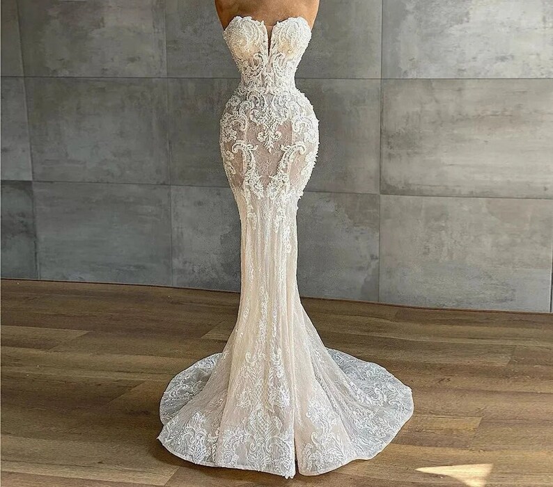 Luxury Crystal Beaded Mermaid Lace Wedding Dress Sweetheart Strapless Sleeveless Appliques Bridal Gown Bridal Dress Bride Gown zdjęcie 5