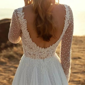 Stunning Boho Ivory Plus Size A-Line Wedding Dress Chiffon V-Neck Lace Bridal Gown Simple Bridal Dress Long Sleeved Backless Gown zdjęcie 8