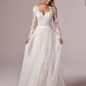 Bohemian Wedding Dress Custom Long Sleeves Lace Appliques Bridal Gown Corset Low Back Floor-Length Tulle Chiffon Elegant V-Neck image 4