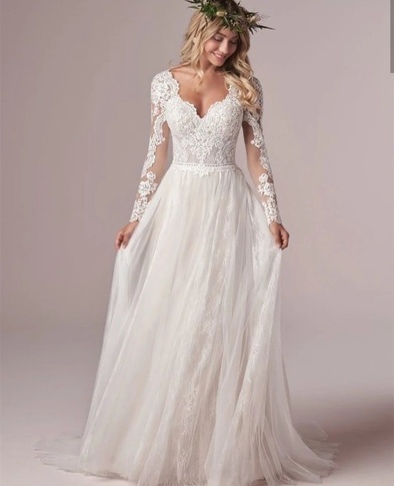 Boho Brautkleid Benutzerdefinierte lange Ärmel Spitze Applikationen Brautkleid Korsett Tiefem Rücken bodenlang Tüll Chiffon Eleganter V-Ausschnitt Bild 4