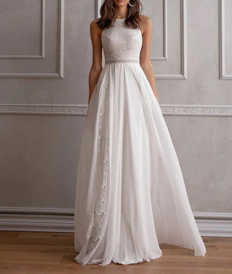 Simple Lace Ivory Chiffon Boho Wedding Dress Sleeveless O-Neck Floor-Length Bridal Gown Backless Detail Chic Boho Bride Gown image 8