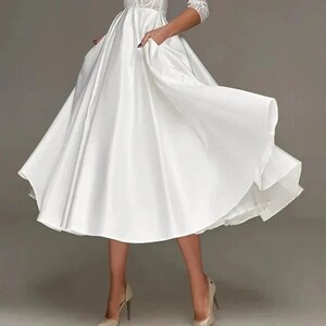 Robe de mariée longueur thé ivoire chic moderne Dentelle à col en V en satin à manches trois-quarts Robe de mariée avec poche Robe de mariée courte image 5