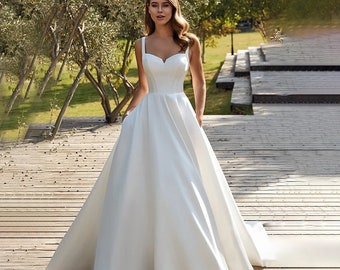 Abito da sposa civile in raso con scollo a V / Abito da sposa abbottonato senza schienale a trapezio / Spalline sottili / Bianco, Taglia personalizzata / Abito da sposa / Abito da sposa