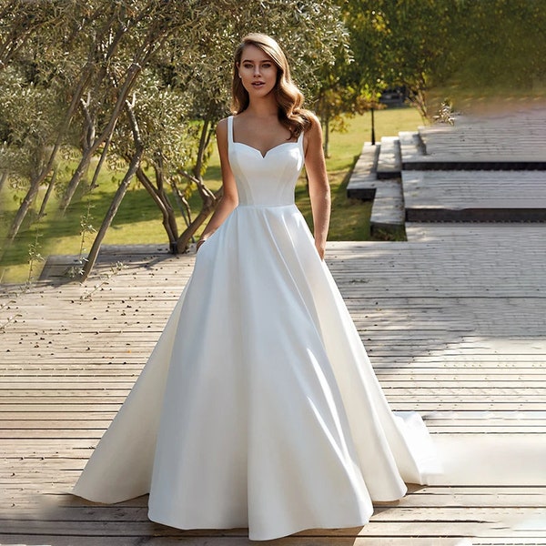 Vestido de novia de satén con cuello en V civil / vestido de novia abotonado sin espalda de línea A / tirantes de espagueti / blanco, tamaño personalizado / vestido de novia / vestido de novia