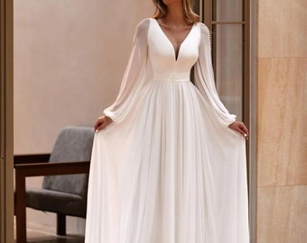 Chic V-Neck Chiffon Wedding Dress | Long Sleeves | Floor-Length | Bridal Gown | Wedding Gown | A-Line | Elegant Backless |  Custom Made