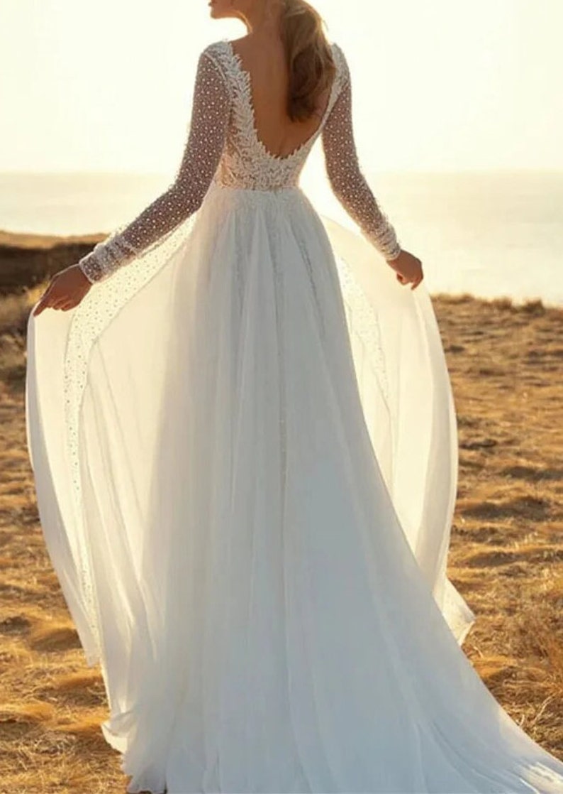 Stunning Boho Ivory Plus Size A-Line Wedding Dress Chiffon V-Neck Lace Bridal Gown Simple Bridal Dress Long Sleeved Backless Gown zdjęcie 9