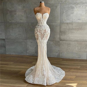 Luxury Crystal Beaded Mermaid Lace Wedding Dress Sweetheart Strapless Sleeveless Appliques Bridal Gown Bridal Dress Bride Gown zdjęcie 1